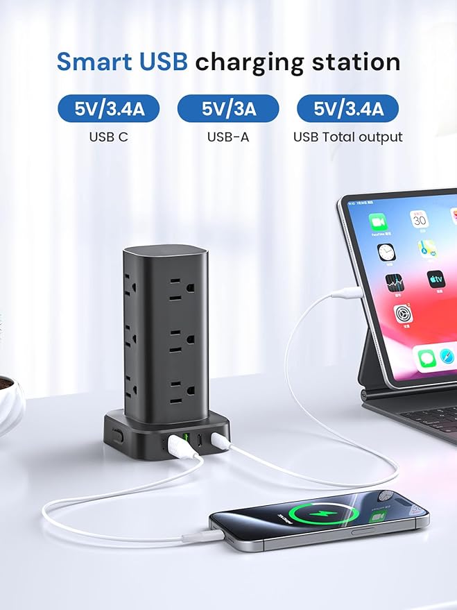 Tower Power Strip with Surge Protector - 12 AC Outlets & 4 USB Ports (2 USB-C), 6FT Extension Cord, Charging Station Tower for Home Office Dorm Travel (Black)