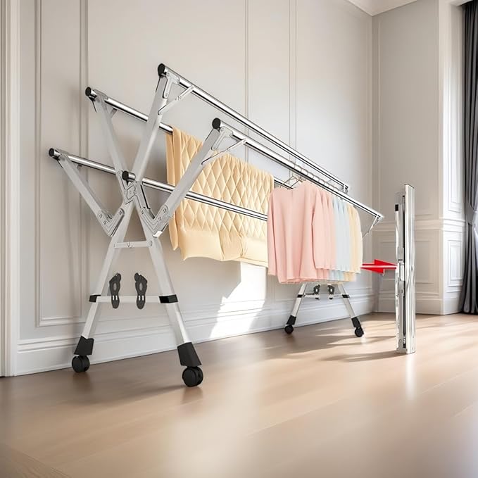 Adjustable 5-Bar Clothes Drying Rack, Foldable Stainless Steel Laundry Stand with Lockable Wheels, Extendable from 59 to 94.5 Inches,for Clothes, Shoes, and Bedding