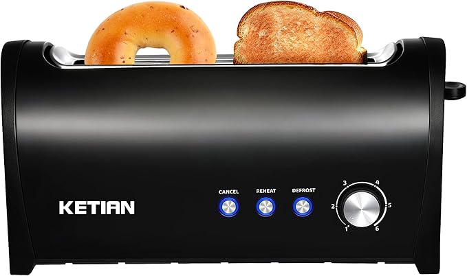 Long Slot Toaster 2 Slice,Cancel Reheat Defrost Functions,Removable Crumb Tray,6 Browning Settings,Extra Wide Long Slots,Stainless Steel,Black