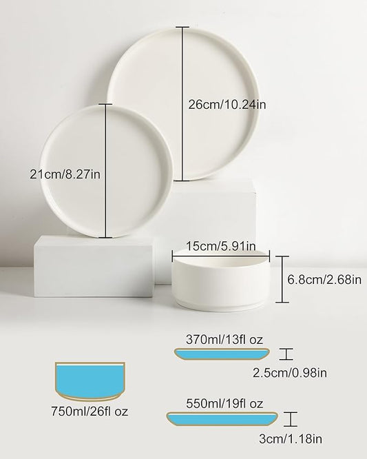 Sweejar Porcelain Dinnerware Sets for 4, 12 Pieces Ceramic Plates and Bowls Set, Classic Modern Simple Kitchen Dinner Dining Ware Set, Dishwasher and Microwave Safe Dishes Sets(Pure White-Black Rim)