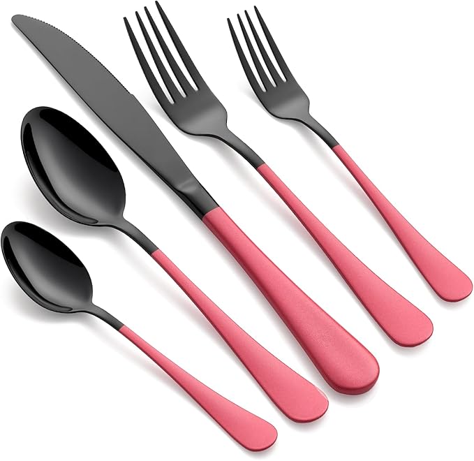 20-Piece Black Silverware Set 18/0 Stainless Steel Silverware Set Pink Handle Cutlery Set Service for 4 Dinner Knives Forks Spoons Set Flatware Set Finish Dishwasher Safe(Black and Pink)