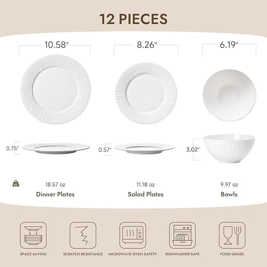 KINGSTONE Bone China Dinnerware Set, 12-Piece White Lightweight Porcelain with Textured Design Service for 4, Plates, Bowls, for Family Dining, Restaurants, Gifting,Microwave and Dishwasher Safe