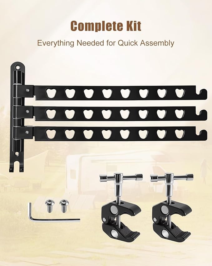 Aluminum RV Clothes Drying Rack 3 Swivel Arms, 180° Adjustable and 90° Fold-Up Storage, Rustproof No-Drilling Mount for Camper Trailer Boat Balcony Motorhome