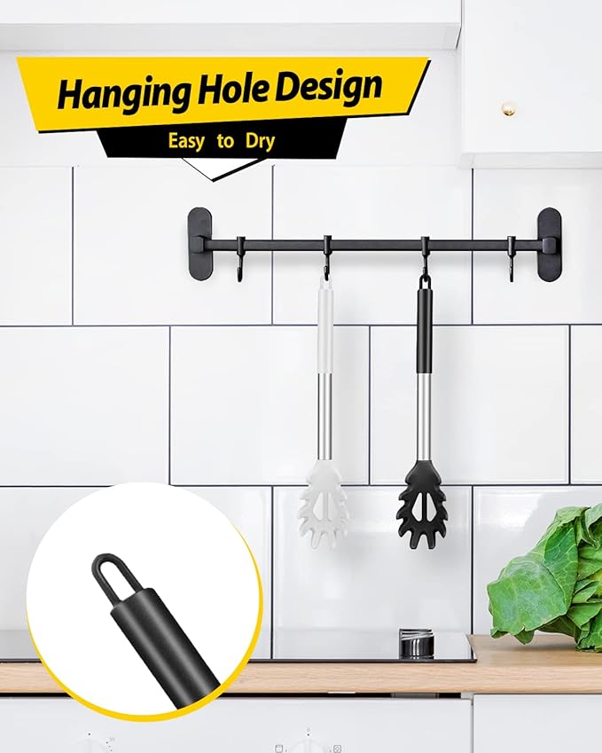 Pack of 2 Silicone Pasta Fork, Kitchen Heat Resistant Noodle Spoon Server, BPA Free Spaghetti Strainer, Best Cooking Tools (BLACK-WHITE)