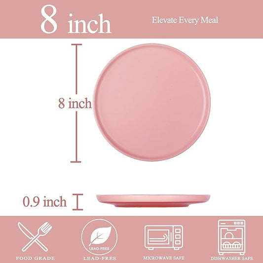 8-Inch Plates Set of 4, Dual Glaze Stoneware Plate, Microwave and Dishwasher Safe, Ceramic Plates for Salads & Desserts, Pink