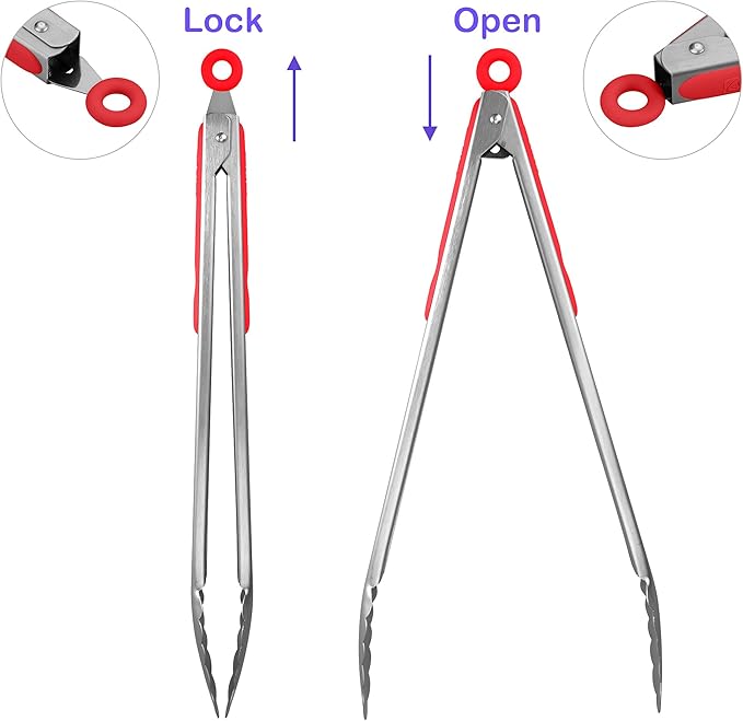 304 Stainless Steel Kitchen Cooking Tongs, 14" and 16" Set of 2 Sturdy Grilling Barbeque Brushed Locking Food Tongs with Ergonomic Grip, Red