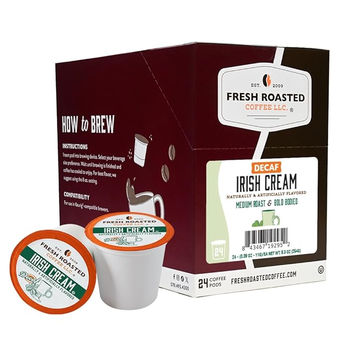 Fresh Roasted Coffee, Decaf Irish Cream, Flavored Coffee Pods, K-Cup Compatible, 24 Count