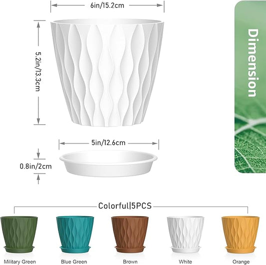 6 inch Plant Pots, 5Pack Water Ripple Flower Pots for Indoor Outdoor Plants, Plastic Planters with Drainage Holes and Saucers, Nursery Pots for Small Succulent Garden House Plants, Multicolor