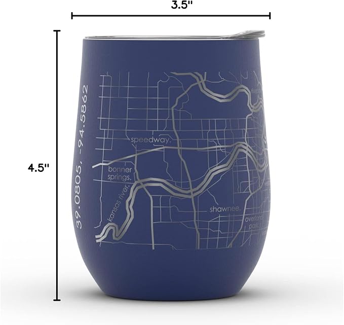 Well Told Engraved Kansas City Missouri Map Insulated Wine Tumbler, Etched Stainless Steel Cup (12 oz, Midnight Blue) City Map Insulated Tumbler, Custom Insulated Tumbler, Outdoor Drinkware