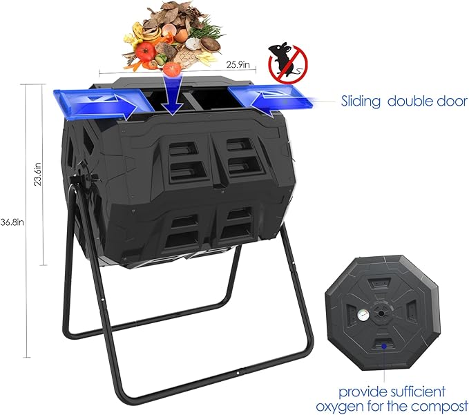 SQUEEZE master Large Compost Tumbler Bin - Outdoor Garden Rotating with Thermometer -Automatic Temperature Measurement-Sturdy Steel Frame - 43Gallon (2-21.5Gal)- Blue Door