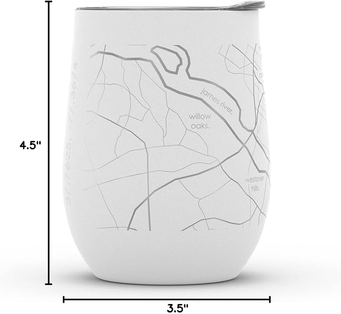 Well Told Engraved Richmond Virginia Map Insulated Wine Tumbler, Etched Stainless Steel Wine Tumbler (12 oz, White) City Map Insulated Tumbler, Custom Insulated Tumbler, Outdoor Drinkware