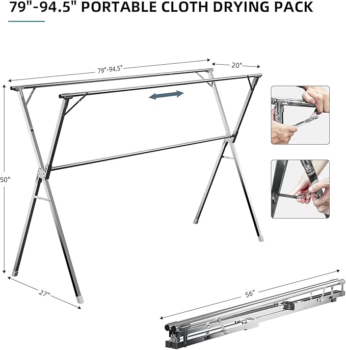 Clothes Drying Rack,Heavy Duty Stainless Steel Garment Rack,Adjustable and Foldable Laundry Drying Rack for Indoor Outdoor Drying Rack Clothing with 20 Windproof Hooks (Silver, 79")