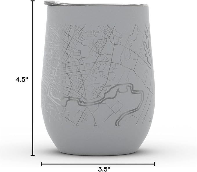 Well Told Engraved Austin Texas Map Insulated Wine Tumbler, Etched Stainless Steel Cup (12 oz, Dockside Gray) City Map Insulated Tumbler, Custom Insulated Tumbler, Outdoor Drinkware