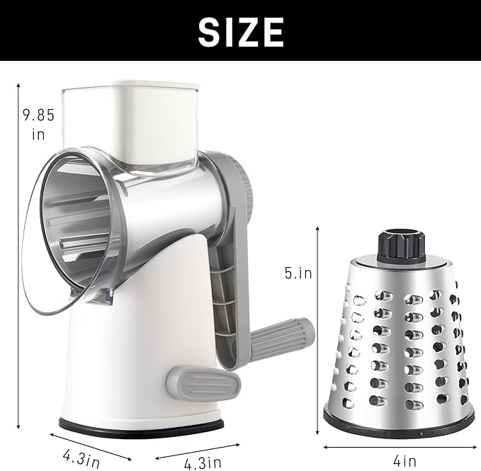Rotary Cheese Graters with 4 Blades, Hand Crank Cheese Grater with Waffle Slicer, Red, Black and White Cheese Shredder with Suction Base, Easier for Shredding & Grating (White, 4 Graters)