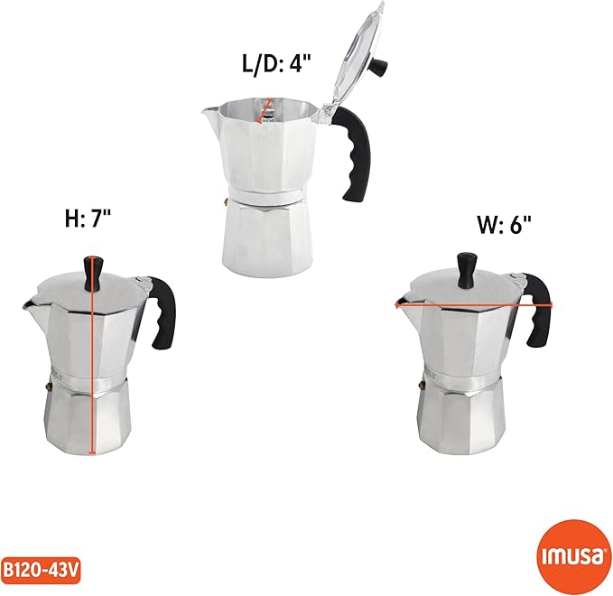Imusa USA Aluminum Stovetop 6-cup Espresso Maker (B120-43V), Silver
