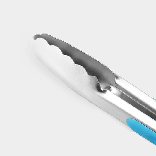 304 Stainless Steel Kitchen Cooking Tongs, 9" and 12" Set of 2 Sturdy Grilling Barbeque Brushed Locking Food Tongs with Ergonomic Grip, Blue