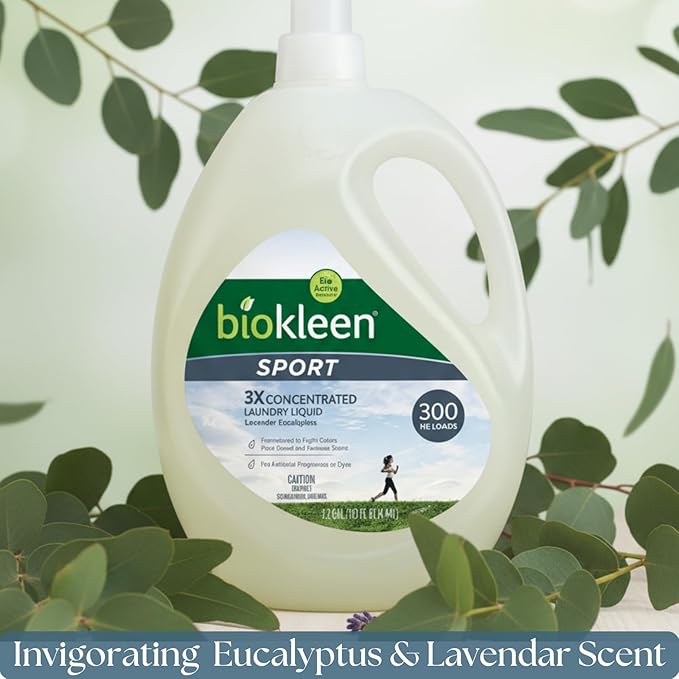 Biokleen Natural Sport 3X Concentrated Laundry Detergent, 300 Loads, Bio Active Formula, Fight Odors, Sweat & Stain Remover, Lavender Eucalyptus Scent