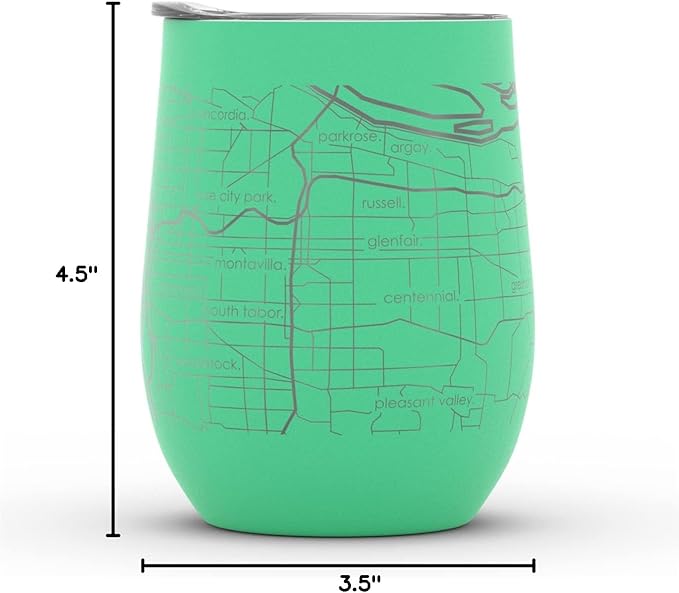 Well Told Engraved Portland Oregon Map Insulated Wine Tumbler, Etched Stainless Steel Cup (12 oz, Sunday Green) City Map Insulated Tumbler, Custom Insulated Tumbler, Outdoor Drinkware