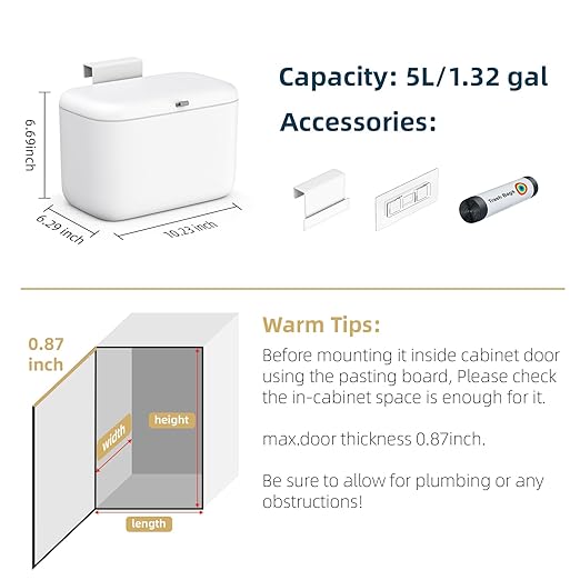 MUEE 1.3 Gal/5L Hanging Small Trash Can with Lid, Kitchen Waste Bin Countertop Compost Bin Under Sink Trash Can, Odorless Garbage Can Trash Bin Waste Basket for Cupboard, Bathroom, Camping, Office, RV