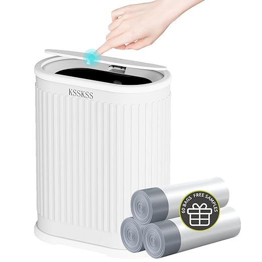 1.8 Gallons Small White Bathroom Trash Can with Lid, Slim Bathroom Garbage Bin, Removable Liner Bucket, Dog Proof Trash Can with Pop-Up Lid for Bedroom,Toilet