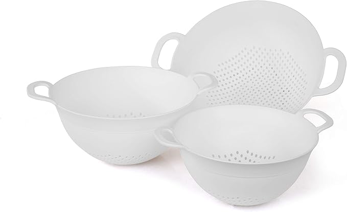 Mintra Home Colanders 3pk, (Assorted 3pk, White), (3pk includes 3 assorted sizes), Colorful, Fruit, Veggies, Pasta, Strainer, Dishwasher Safe, BPA Free, Durable, Heavy Duty
