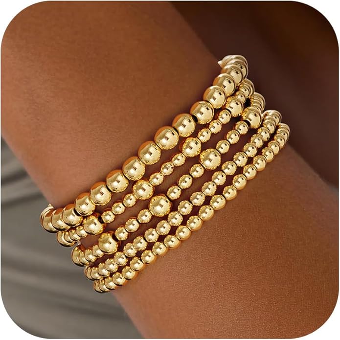 Gold Bracelets for Women, 14K Gold Plated Beaded Bracelets Gold Strand Bead Ball Bracelet Stack Set Adjustable Bracelet Set Waterproof Jewelry for Women Gifts Non Tarnish