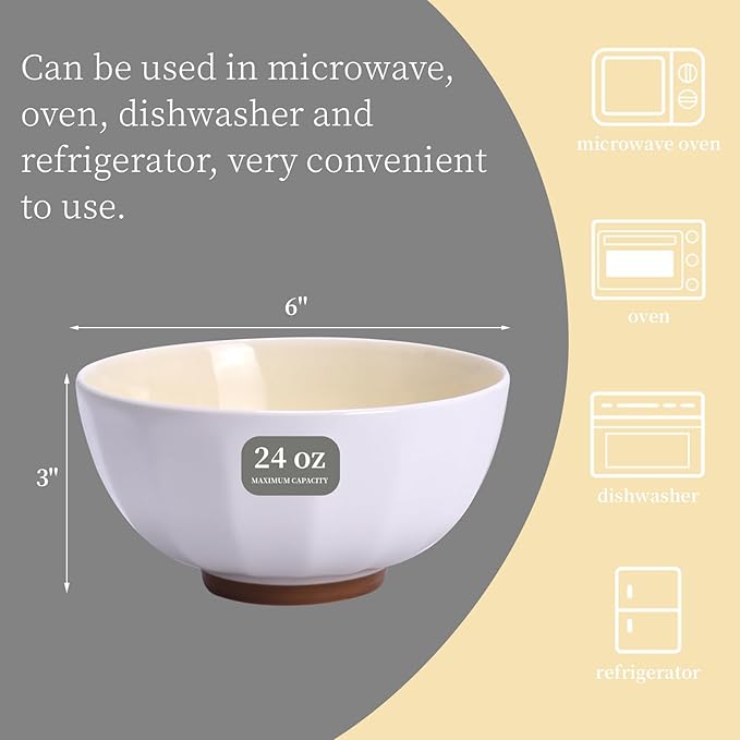 6-Piece Pasta Bowls 24 oz, Yellow Porcelain 6 inch, Microwave Oven Dishwasher Safe Scratch Resistant