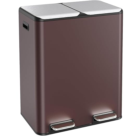 16 Gal (2 x 30 L) Dual Trash Can, Stainless Steel Kitchen Garbage Bin, Recycle Dustbin with Odor Control Box, Soft-Close Lid, Inner Buckets, Side Handle, Step Pedal, for Home Office
