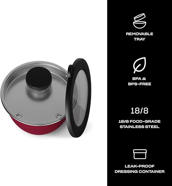 S'well Stainless Steel Salad Bowl Kit 64oz, Wild Cherry, Comes with 2oz Mini Canister and Removable Tray for Organization, Leakproof, Easy to Clean, Dishwasher Safe