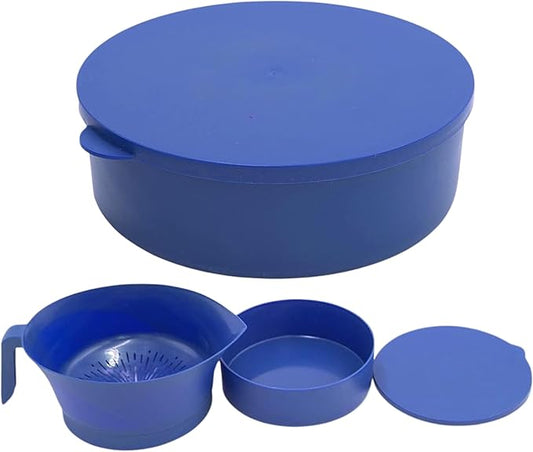 3-Piece Colander Grease Strainer Set – Blue Grease Separator with Handle, Container & Lid – Strains Bacon, Pasta, Ground Beef – BPA-Free Kitchen Gadget