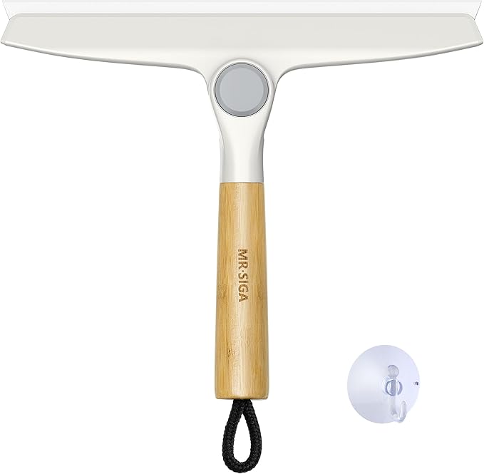 MR.SIGA All Purpose Silicone Squeegee for Shower Door, Mirror, Glass, Streak Free Shower Squeegee, Pivoting Bamboo Handle, Includes 1 Suction Hook, 10 inch Wide, 1 Pack