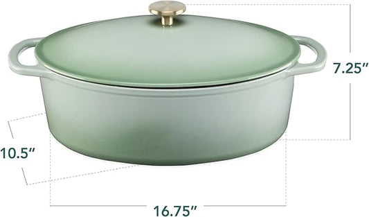 Best Choice Products Oval 7.5 Quart Enamel Cast-Iron Dutch Oven, Heavy-Duty Pre-Seasoned for Baking, Cooking w/Side Handles – Sage Green