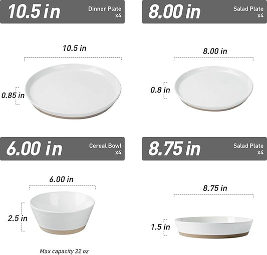 Famiware Saturn Dinnerware Set with Pasta Bowl, 16 Pieces Dish Set, Plates and Double Bowls Sets for 4, Chip and Scratch Resistant, Microwave and Dishwasher Safe Tableware, White