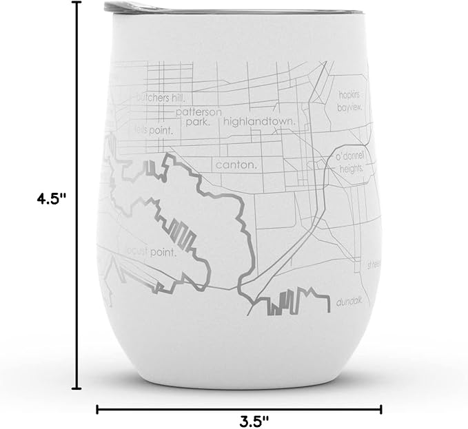 Well Told Engraved Baltimore Maryland Map Insulated Wine Tumbler, Etched Stainless Steel Wine Tumbler (12 oz, White) City Map Insulated Tumbler, Custom Insulated Tumbler, Outdoor Drinkware