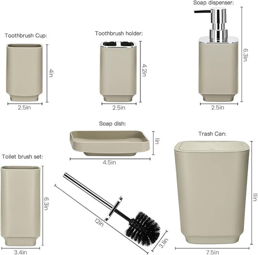 Bathroom Accessory Set 6 Piece Bathroom Accessories Set with Toothbrush Holder&Cup,Soap Dispenser& Dish,Toilet Brush Holder,Trash Can Plastic Gift Set for Bathroom Decorative Countertop (Coffee)