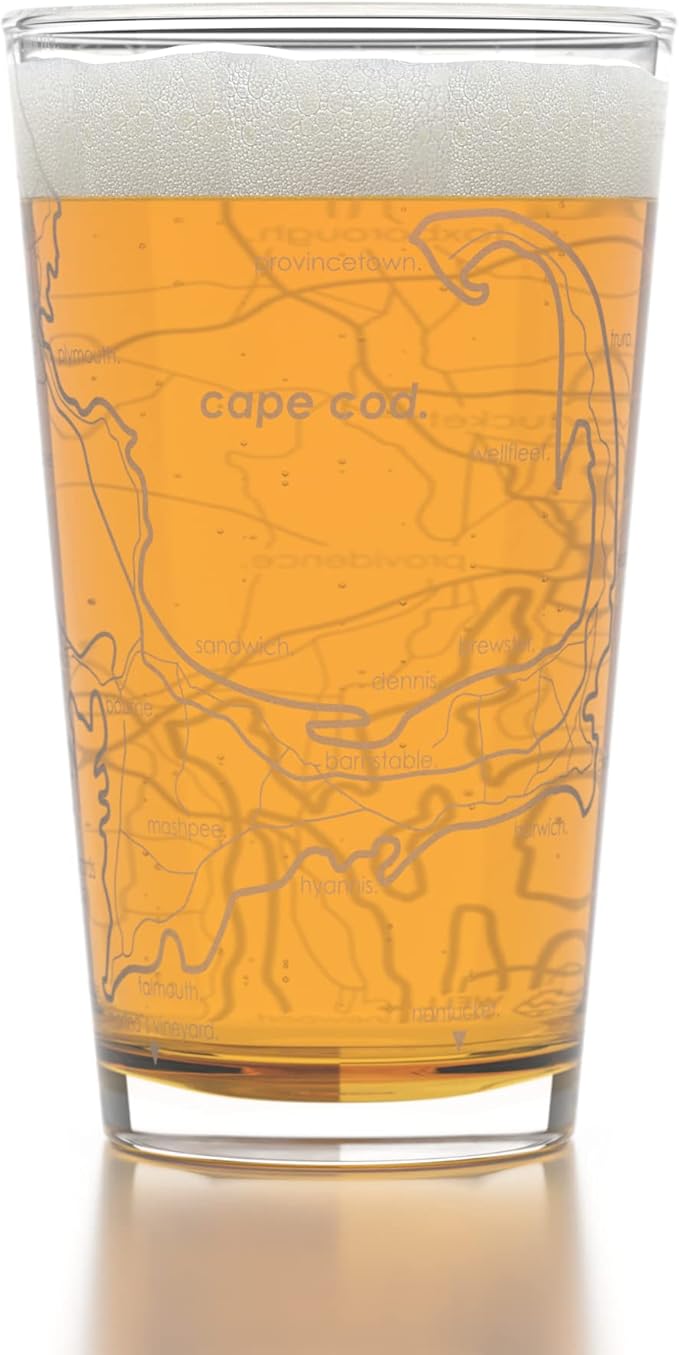 Well Told Engraved Cape Cod Massachusetts Map Pint Glass, Etched Beer Gift (16 oz, Clear) City Map Pint, Custom City Glassware, Gifts For Beer Lovers