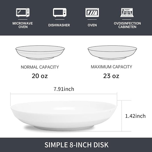 QUANSHANGJUSet of 6 Dinner Plates 8 Inch, White Porcelain Plates, Microwave Oven Dishwasher Safe Scratch Resistant