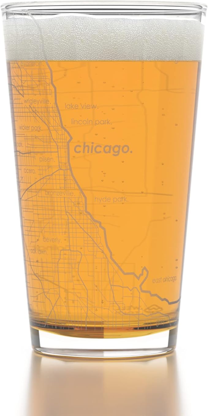 Well Told Engraved Chicago Illinois Map Pint Glass, Etched Beer Gift (16 oz, Clear) City Map Pint, Custom City Glassware, Gifts For Beer Lovers