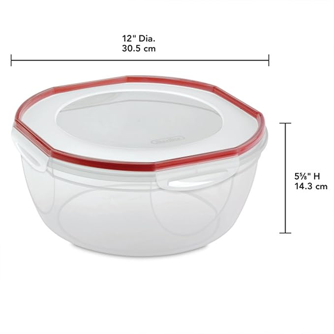 Sterilite Ultra-Seal 8.1 Qt Bowl, Large Airtight Food Storage Container, Latching Lid, Microwave and Dishwasher Safe, Clear With Red Gasket, 4-Pack