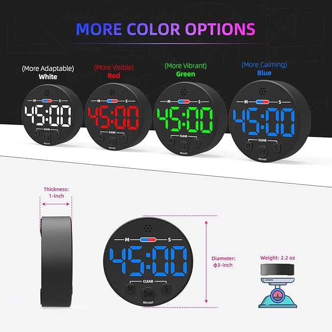 Large LED Digital Timer, Magnetic Countdown Loud Timer for Kitchen Cooking, Classroom Whiteboard, Kids, Toddler, Game, Productivity, Focus, Work, Task, Office, Meeting – Small, Simple, Visual, Blue
