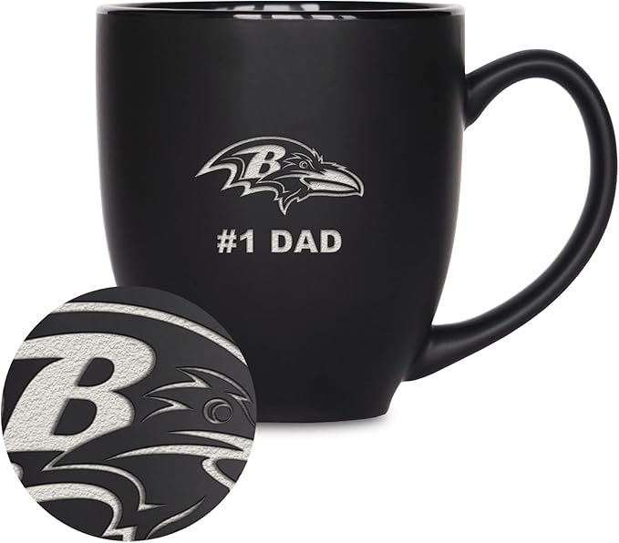 Rico Industries NFL Football #1 Dad 15oz Laser Engraved Matte Black Ceramic Bistro Mug - for Hot or Cold Drinks