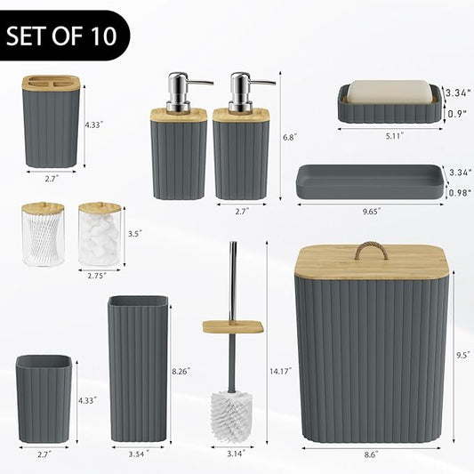 Bathroom Accessories Set - 10PC Bathroom Set, Grey Bathroom Set, Bathroom Accessories Set, Toilet Brush, Bathroom Trash Can & Soap Dispenser