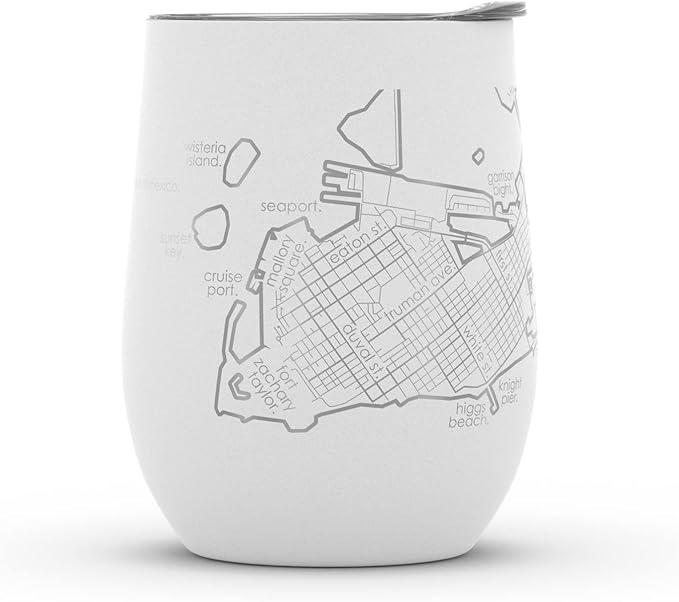 Well Told Engraved Key West Florida Map Insulated Wine Tumbler, Etched Stainless Steel Wine Tumbler (12 oz, White) City Map Insulated Tumbler, Custom Insulated Tumbler, Outdoor Drinkware