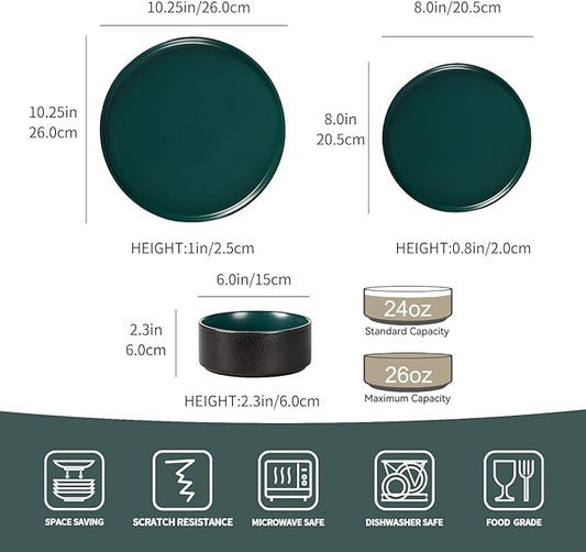 GZG Classic Series - Plates and Bowls Set for 8, 24 Piece Stoneware Dinnerware Sets, Microwave and Dishwasher Safe Lead-Free Handcrafted Ceramic Dishes Set - Malachite Green