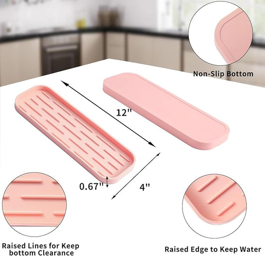 Silicone Kitchen Sink Organizer Tray for Multiple Usage,Easy Clean,Eco-Friendly Sponges Holder for Kitchen Bathroom Counter or Sink,Dish Soap Dispenser,Scrubber,Bottle,Cup Pink 12" x 4β