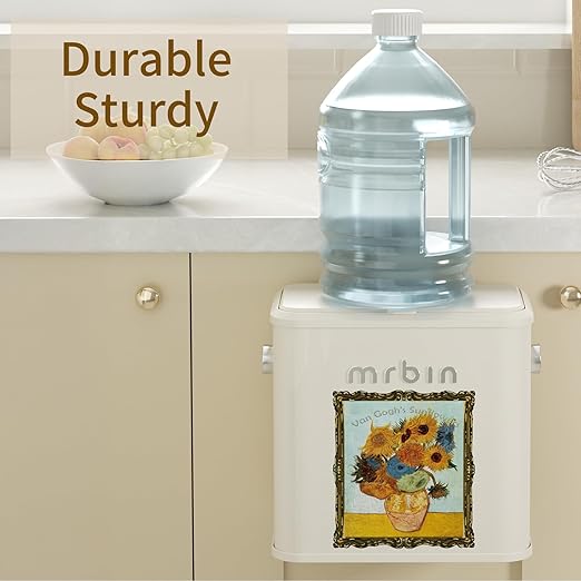 Mrbin Metal Compost Bin Countertop with Lid, Hanging Trash Can for Kitchen Cabinet Door, Wall Mounted Indoor Recycle Basket Food Waste Scrap Dustbin for Kitchen Under Sink with Inner Bucket, Sunflower
