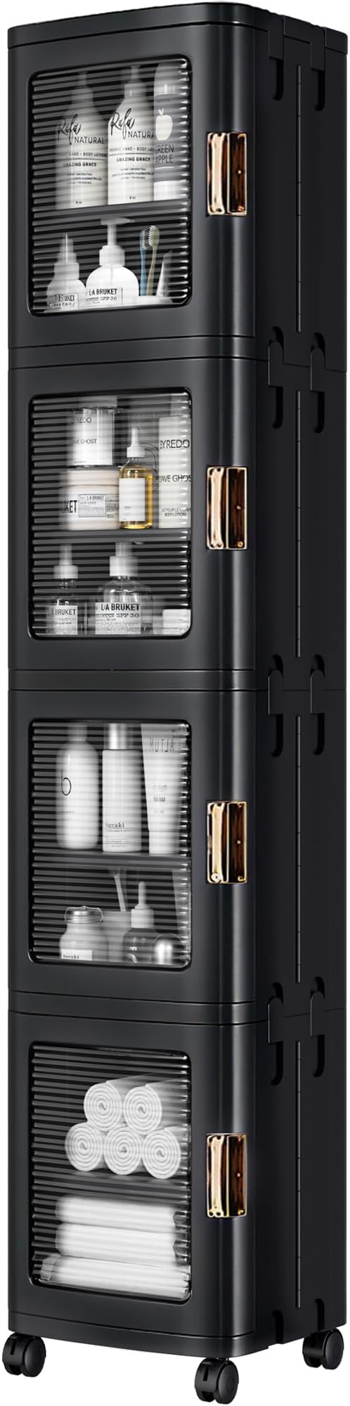VECELO 4-Tier Tall Narrow Storage Cabinet with Movable Wheels, Adjustable Shelves, Anti-Tip, Slim, for Small Space, Bathroom, Kitchen, Laundry, Black