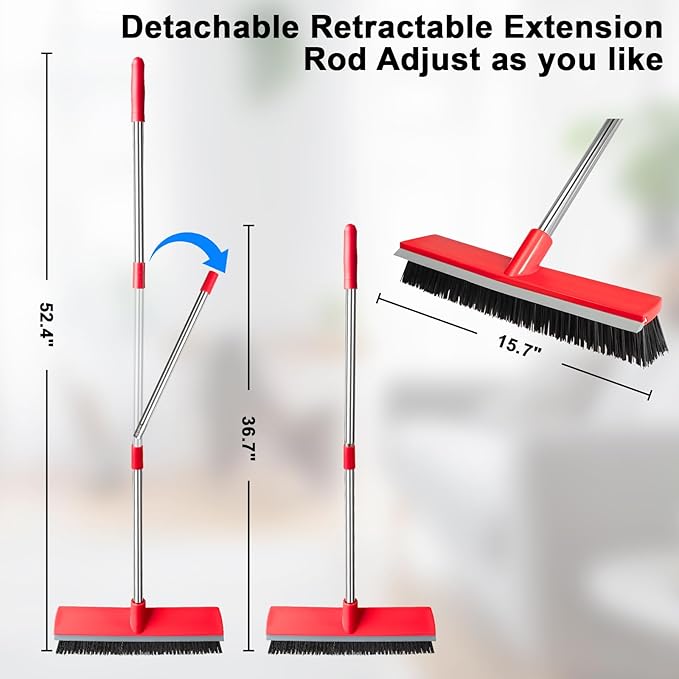 15.7 Inch Floor Scrub Brush Removable Stainless Steel Handle 2 in 1 Scrape Brush Stiff Bristle Shower Scrubber for Cleaning Patio Bathroom Garage Kitchen Wall Deck Tub Tile 52.4 inch Tall