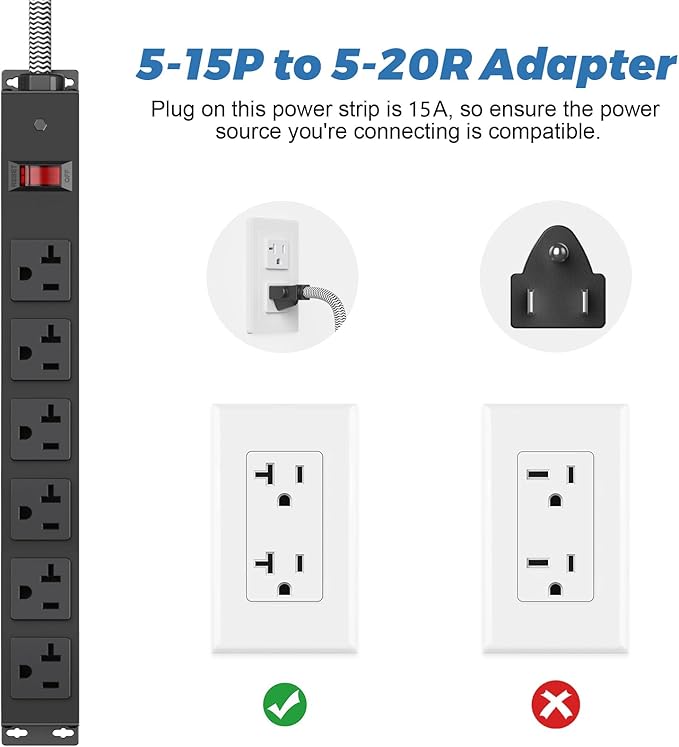 Heavy Duty Power Strip 20 amp Surge Protector,Wall mountable Power Strip,12 Gauge Extension Cord 5-15P Adapter High Amp 6-20R T-Slot Industrial Outlet,for Garage,Workshop & Industrial