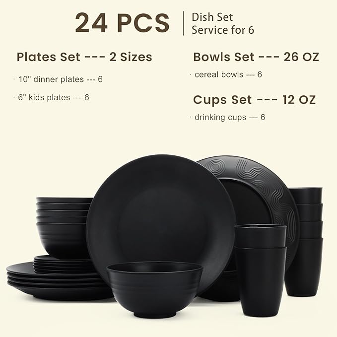 Homienly 24-Piece Wheat Straw Dinnerware Sets,Service for 6 - Cups, Plates and Bowls Sets,Reusable Dishwasher and Microwave Safe Melamine Dinnerware Set for Home,Camping,RVs - Black
